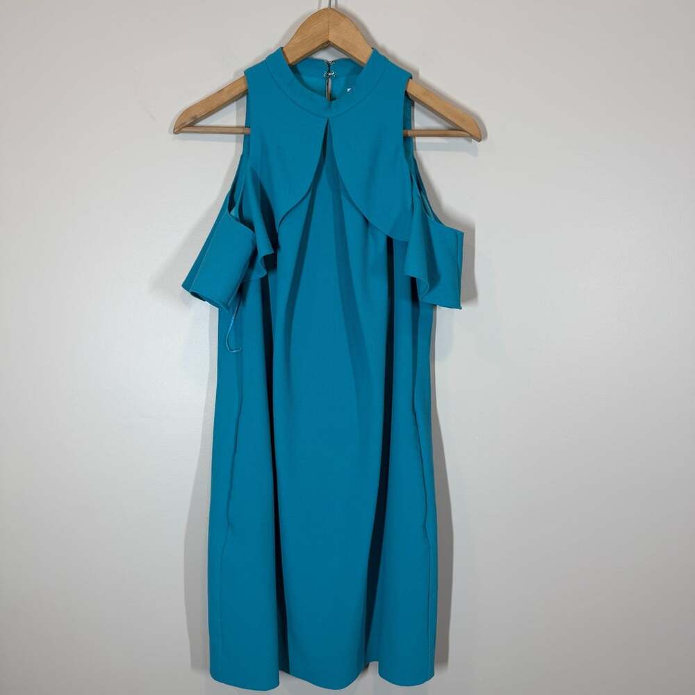 Trina Turk Cold-Shoulder Shift Dress Teal Ruffle Mock Neck Pockets Size 6